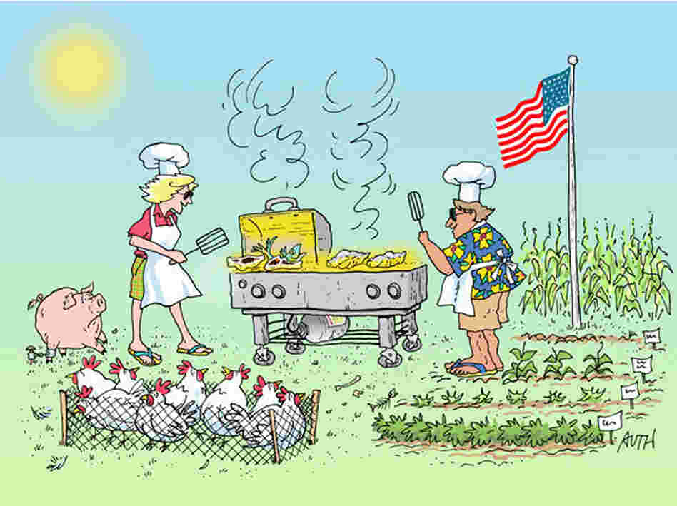 Bridget Lancaster and Jack Bishop prepare a traditional summer barbecue, as imagined by WHYY's artist-in-residence, Tony Auth.
