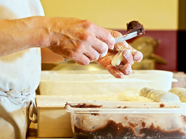 Manju-maker Art Oki uses two types of fillings, or anko: one made from lima beans and a darker one made from red azuki beans.