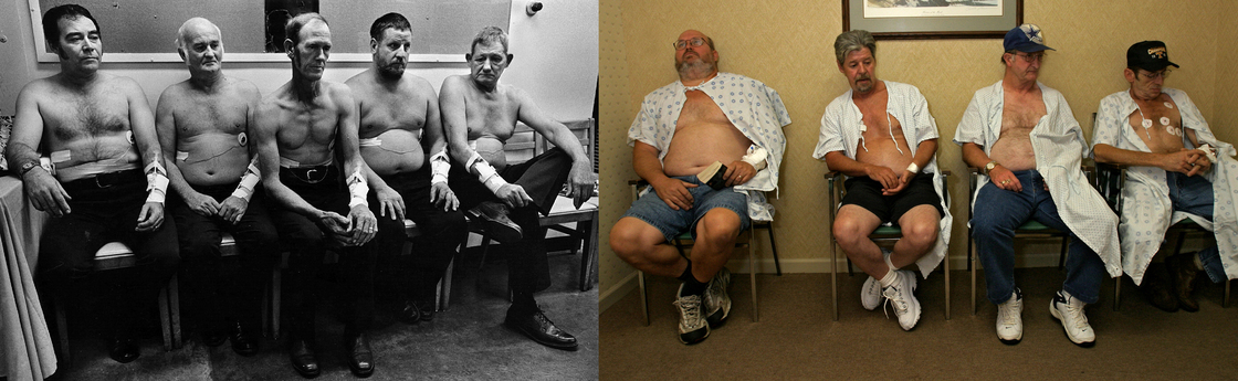 Coal miners in 1976 (left) and 2011 (right) wait to be tested for black lung.