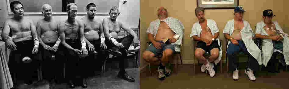 Coal miners in 1976 (left) and 2011 (right) wait to be tested for black lung.