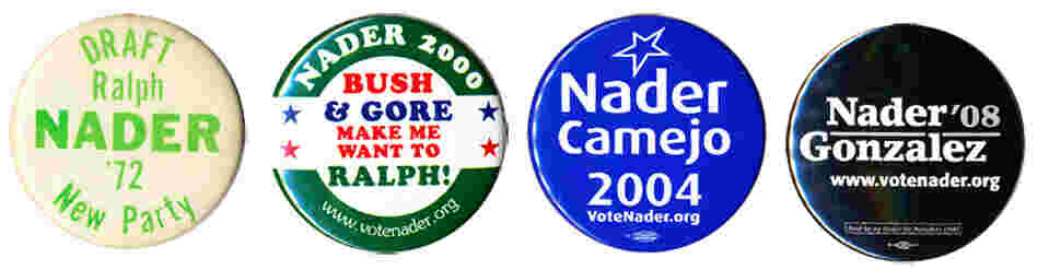 Ralph Nader as a presidential candidate dates back to 1972. After 2000 he left the Green Party and ran as an independent in '04 and '08. Ralph Nader as a presidential candidate dates back to 1972. After 2000 he left the Green Party and ran as an independent in '04 and '08.