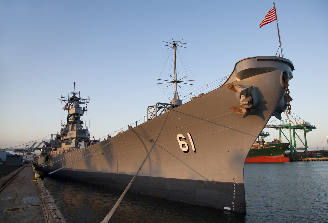 The USS Iowa, berthed at its new permanent home in the Port of Los Angeles in San Pedro, Calif. The decommissioned ship will now be a museum.