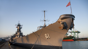 The USS Iowa, berthed at its new permanent home in the Port of Los Angeles in San Pedro, Calif. The decommissioned ship will now be a museum.