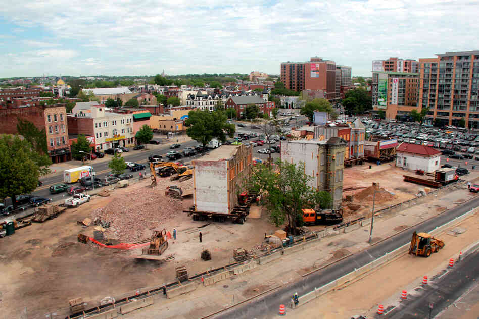 A view of a building on the move, from NPR's roof.