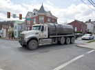 A water tank truck is seen on the main street in Waynesburg, Pa., on April 13. Scientists say naturally polluted water can rise to the surface of the Marcellus Shale; that finding suggests that frack water could seep out, too. A water tank truck is seen on the main street in Waynesburg, Pa., on April 13. Scientists say naturally polluted water can rise to the surface of the Marcellus Shale; that finding suggests that frack water could seep out, too.