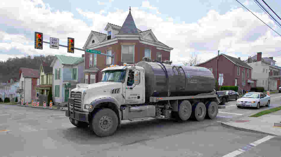 A water tank truck is seen on the main street in Waynesburg, Pa., on April 13. Scientists say naturally polluted water can rise to the surface of the Marcellus Shale; that finding suggests that frack water could seep out, too. A water tank truck is seen on the main street in Waynesburg, Pa., on April 13. Scientists say naturally polluted water can rise to the surface of the Marcellus Shale; that finding suggests that frack water could seep out, too.