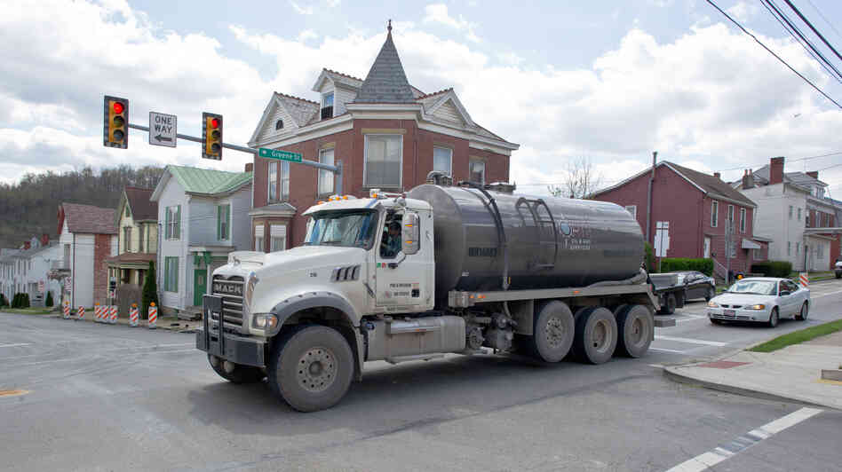 A water tank truck is seen on the main street in Waynesburg, Pa., on April 13. Scientists say naturally polluted water can rise to the surface of the Marcellus Shale; that finding suggests that frack water could seep out, too. A water tank truck is seen on the main street in Waynesburg, Pa., on April 13. Scientists say naturally polluted water can rise to the surface of the Marcellus Shale; that finding suggests that frack water could seep out, too.