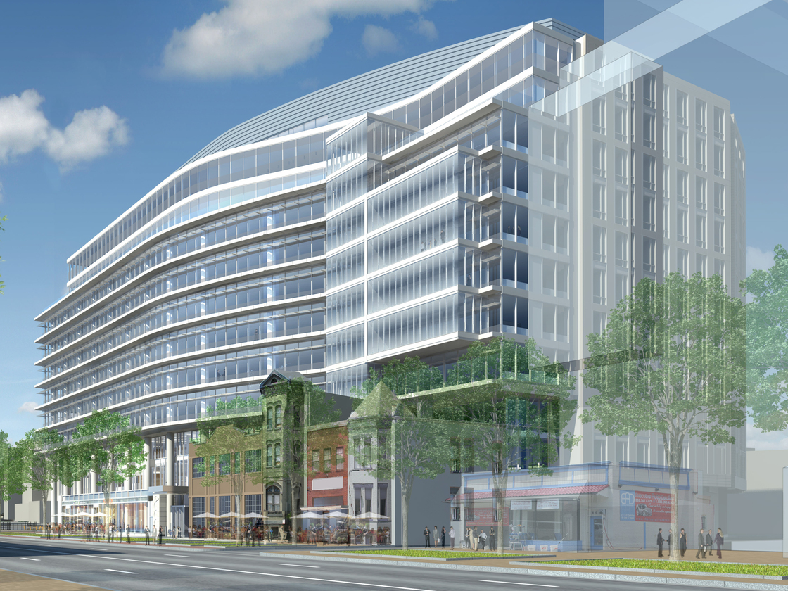 An artist's rendering of the future headquarters of the Association of American Medical Colleges shows how old brick buildings will be incorporated into the new building in Washington, D.C.