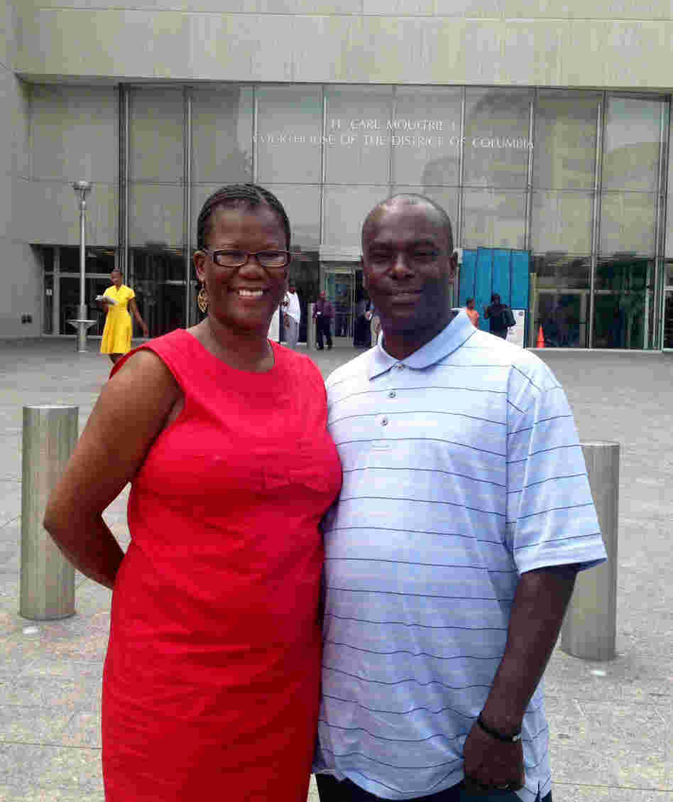 Kirk Odom and his wife, Harriet, outside the H. Carl Moultrie Courthouse in Washington, D.C. On Tuesday, the Justice Department said there was "clear and convincing evidence" that Odom is innocent of a 1981 rape and robbery, for which he spent more than two decades behind bars.