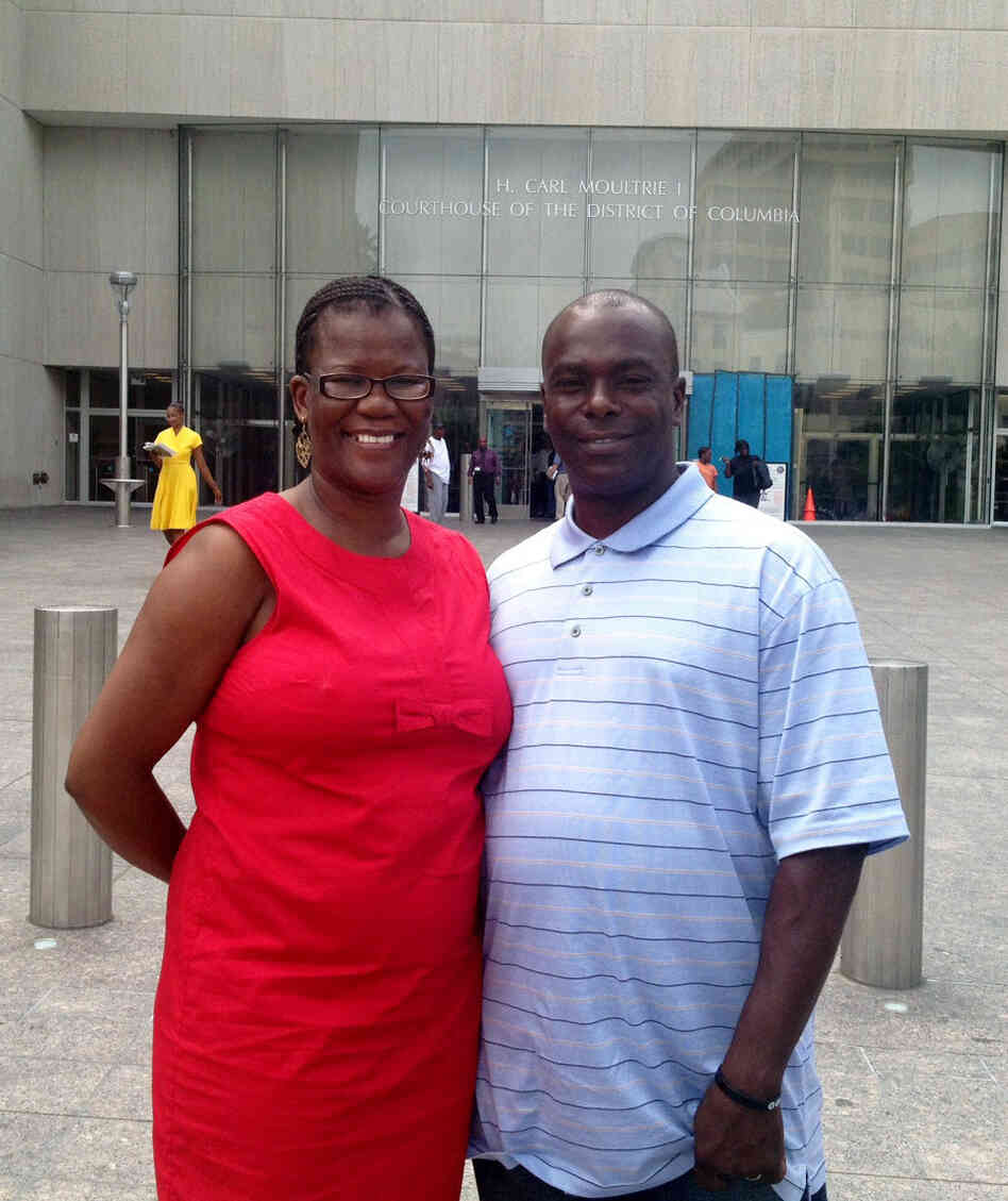 Kirk Odom and his wife, Harriet, outside the H. Carl Moultrie Courthouse in Washington, D.C. On Tuesday, the Justice Department said there was "clear and convincing evidence" that Odom is innocent of a 1981 rape and robbery, for which he spent more than two decades behind bars.