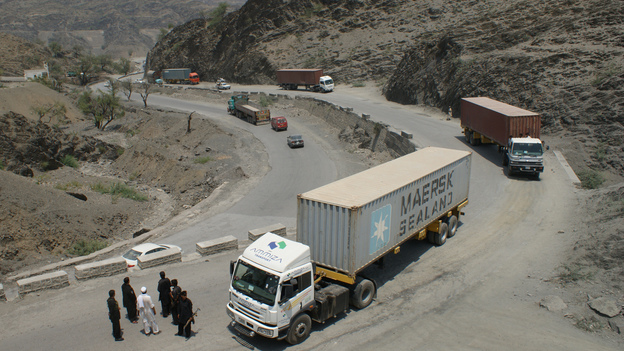 Pakistani border guards check trucks heading to Afghanistan, in the tribal area of Khyber last week.