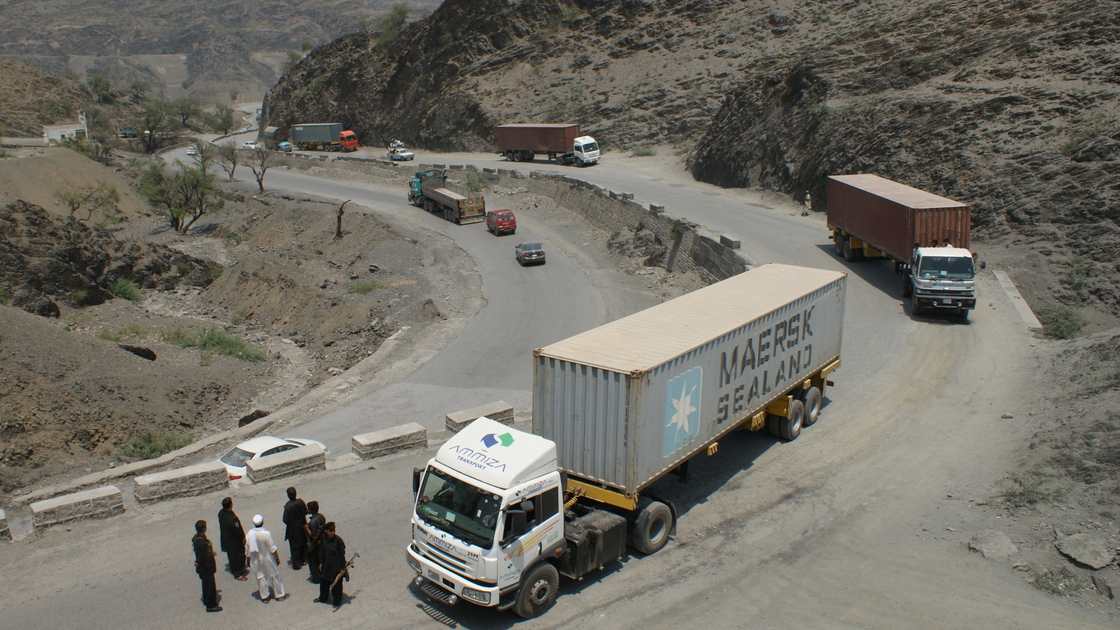 Pakistani border guards check trucks heading to Afghanistan, in the tribal area of Khyber last week.