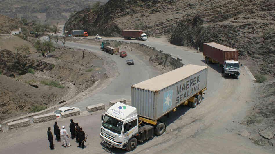 Pakistani border guards check trucks heading to Afghanistan, in the tribal area of Khyber last week.