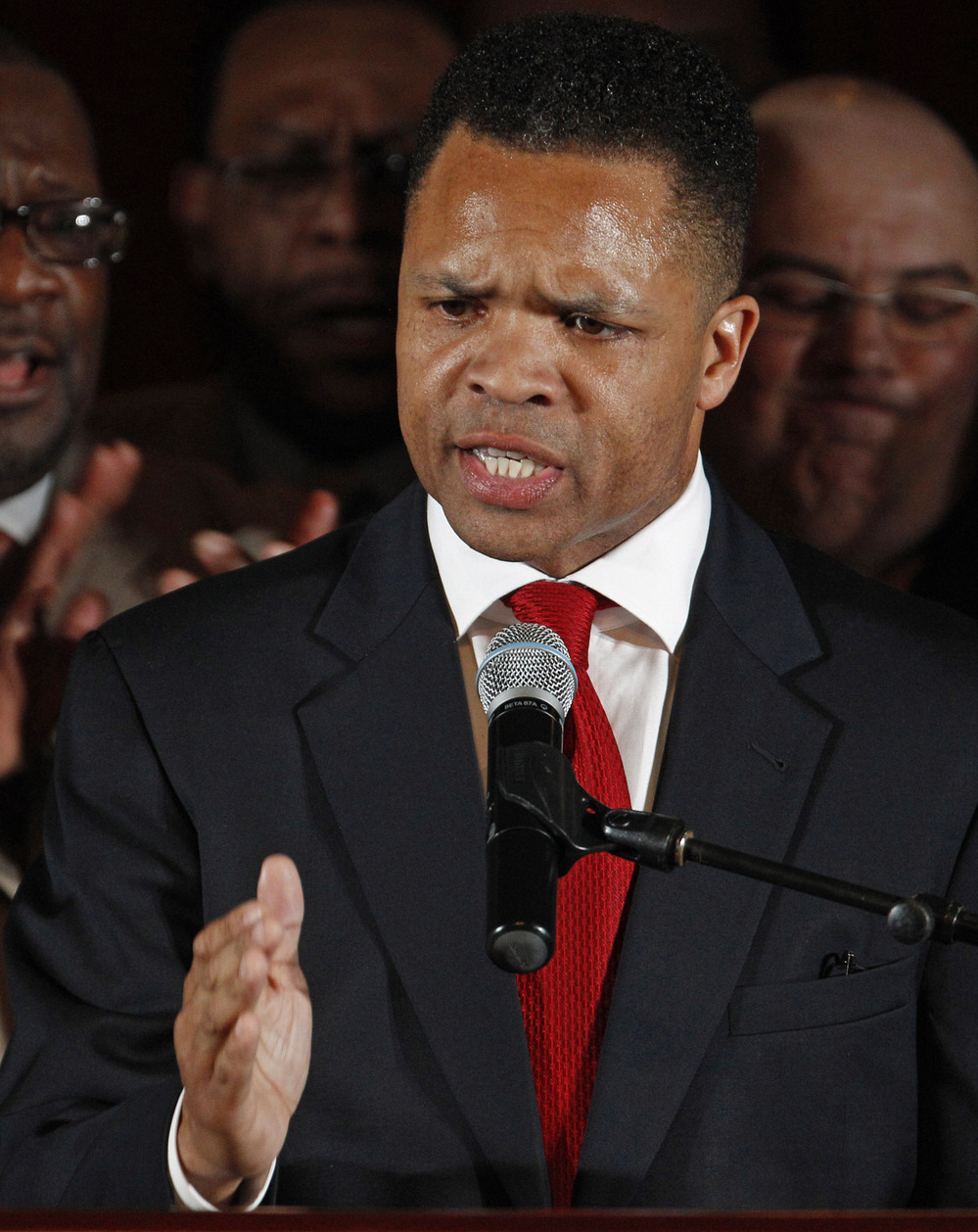 Rep. Jesse Jackson Jr., D-Ill., thanks supporters at his primary election night party in Chicago on March 20.