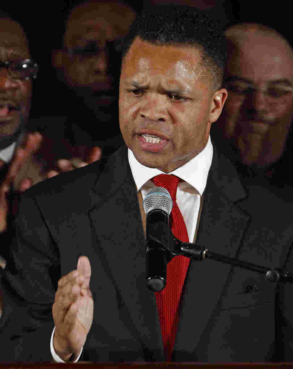 Rep. Jesse Jackson Jr., D-Ill., thanks supporters at his primary election night party in Chicago on March 20.