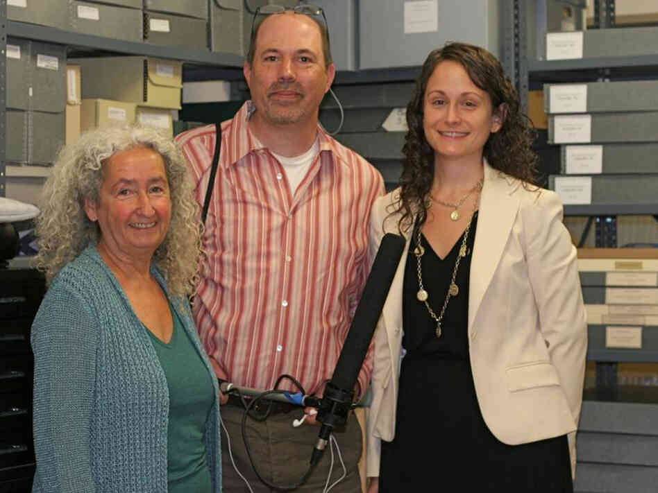 Reporter Bradley Klein stands with Nora Guthrie (left), director of the Woody Guthrie Foundation, and archivist Tiffany Colannino (right).