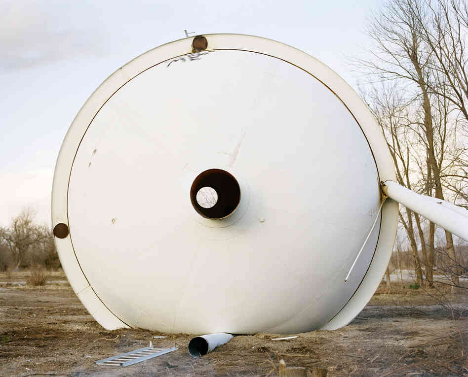 Water Tower, Treece, 2012. The water tower was sold at auction for scrap metal. The remaining structures in town were sold or demolished, and even the roads were torn up.