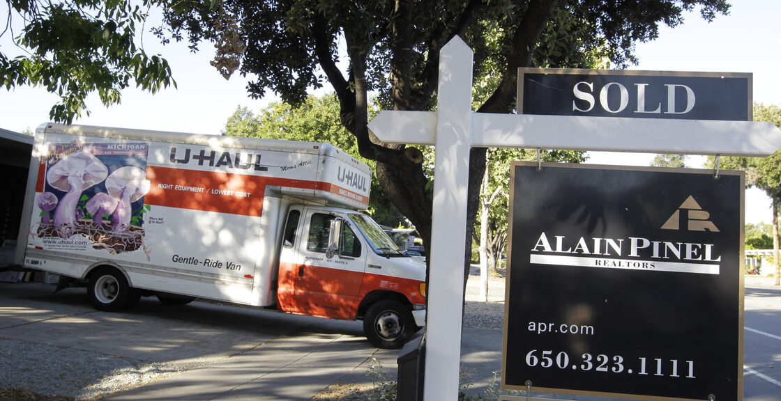 A moving truck is shown at a house that was sold in Palo Alto, Calif. on Tuesday.