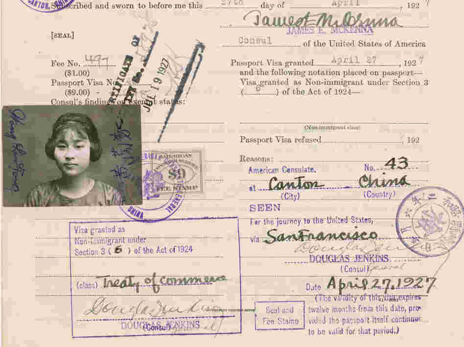 Wong Lan Fong only spent one to two nights at Angel Island at a time when most were detained for up to two weeks. This is Fong's "Declaration of Non-immigrant Alien about to Depart for the United States" document from April 27, 1927. 