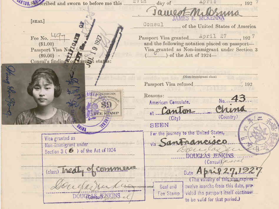 Wong Lan Fong only spent one to two nights at Angel Island at a time when most were detained for up to two weeks. This is Fong's "Declaration of Non-immigrant Alien about to Depart for the United States" document from April 27, 1927. 