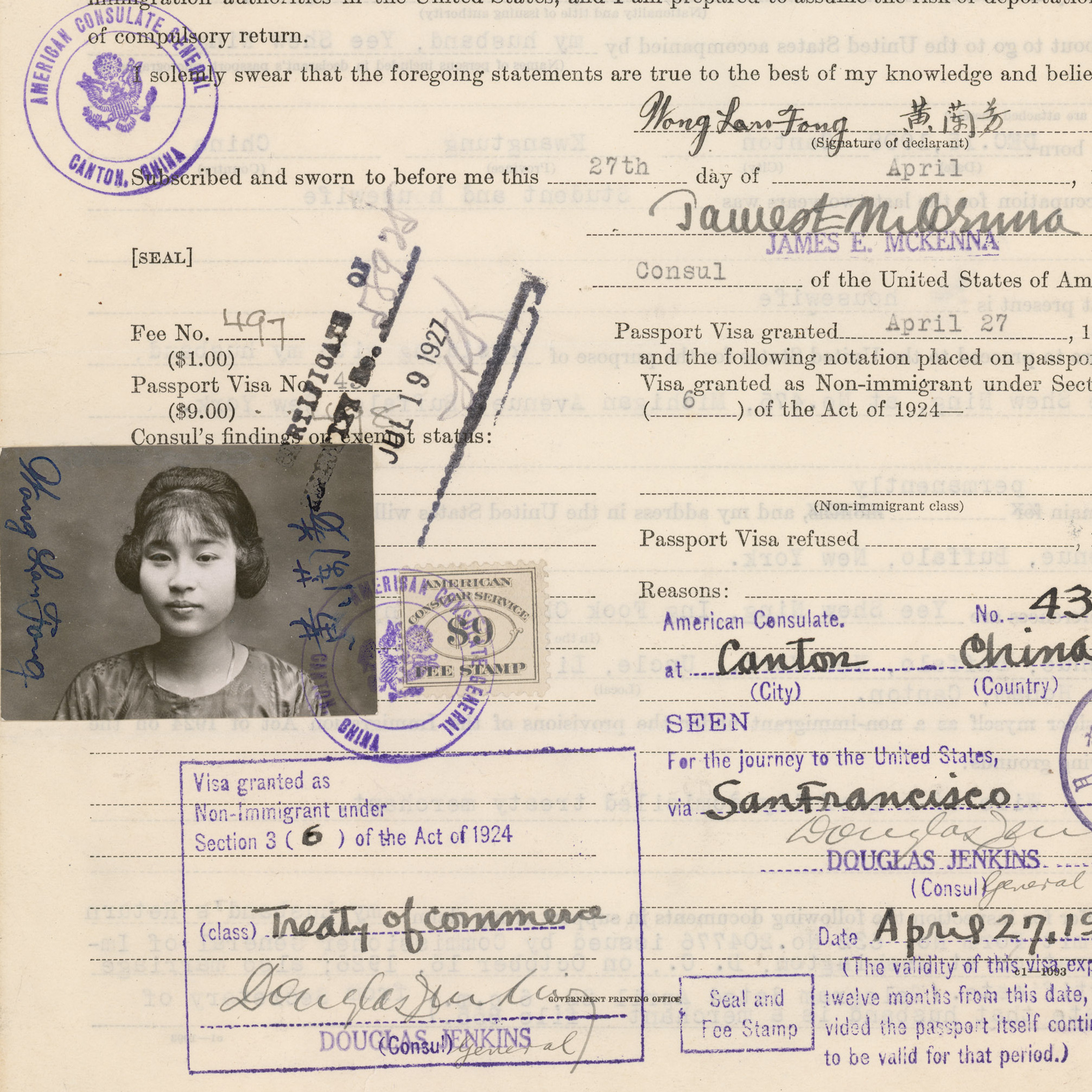 Wong Lan Fong only spent one to two nights at Angel Island at a time when most were detained for up to two weeks. This is Fong's "Declaration of Non-immigrant Alien about to Depart for the United States" document from April 27, 1927. 