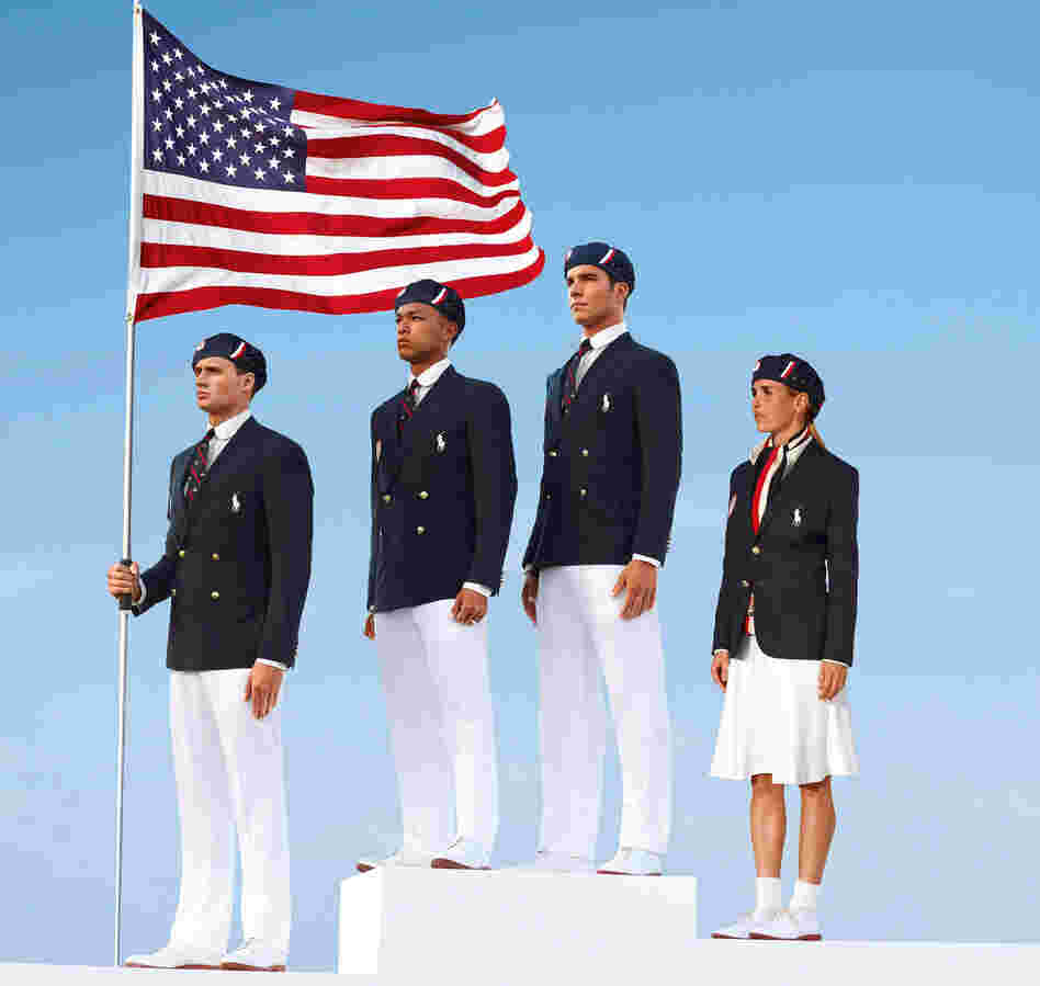 This product image released by Ralph Lauren shows U.S. Olympic athletes, from left, swimmer Ryan Lochte, decathlete Bryan Clay, rower Giuseppe Lanzone and soccer player Heather Mitts modeling the the official Team USA Opening Ceremony Parade Uniform.