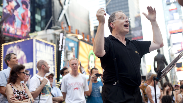 Conductor Kent Tritle in Times Square. (And that's WNYC's John Schaefer in the Saratoga T-shirt.)