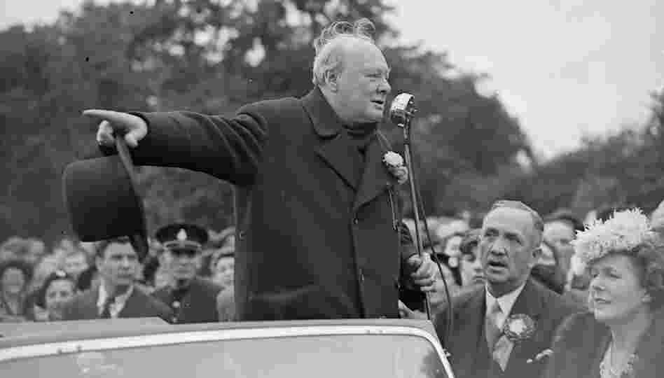 Winston Churchill wrote every word of his many speeches — he said he'd spend an hour working on a single minute of a speech. Above, he is shown speaking during the 1945 election campaign. Winston Churchill wrote every word of his many speeches — he said he'd spend an hour working on a single minute of a speech. Above, he is shown speaking during the 1945 election campaign.