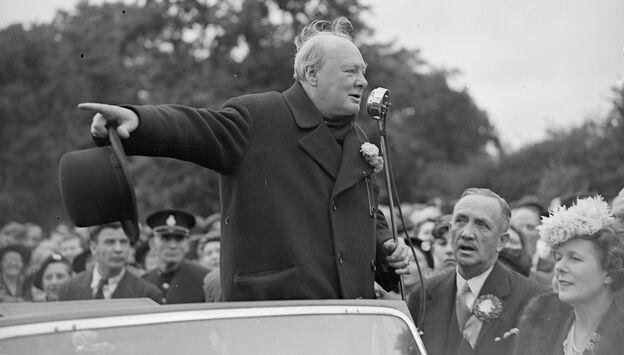 Winston Churchill wrote every word of his many speeches — he said he'd spend an hour working on a single minute of a speech. Above, he is shown speaking during the 1945 election campaign.