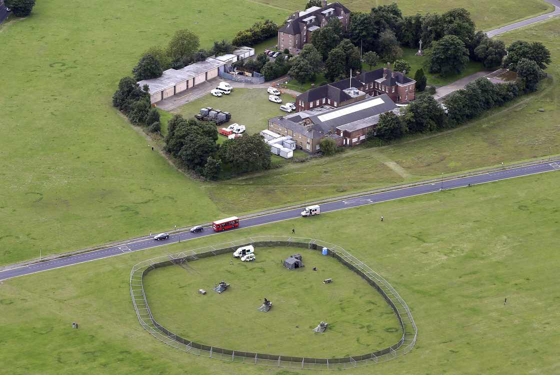 A British military missile battery, part of the Olympic security plan, is seen from an aircraft in south London. Organizers have been criticized for relying on a military presence for the 2012 Games.