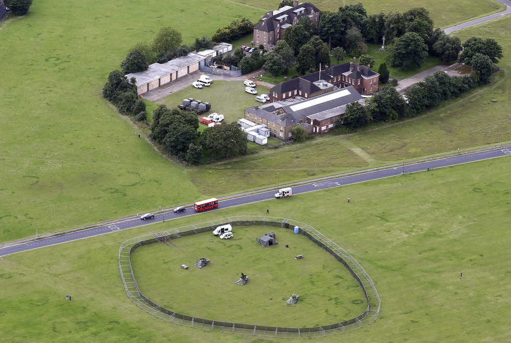 A British military missile battery, part of the Olympic security plan, is seen from an aircraft in south London. Organizers have been criticized for relying on a military presence for the 2012 Games.