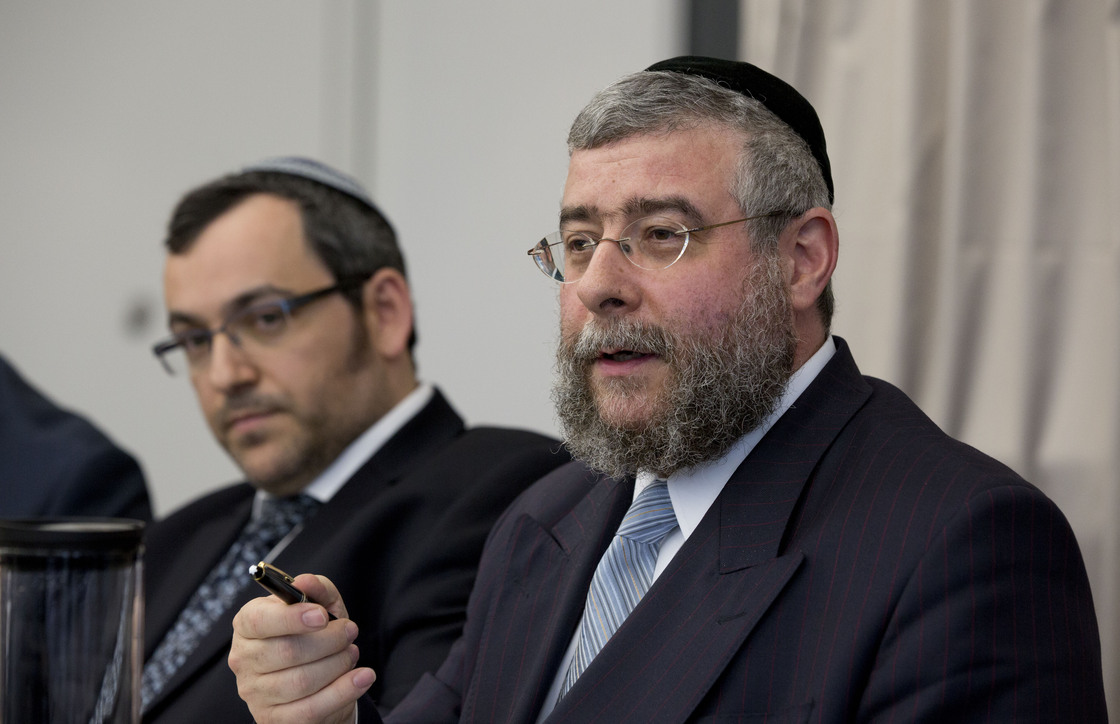 Rabbi Pinchas Goldschmidt, right, president of the Conference of European Rabbis, gestures next to Rabbi Avichai Appel, left, a board member of the Orthodox Rabbinical Conference of Germany, during a news conference in Berlin, Germany on Thursday.