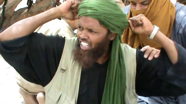 In this image from a video, an Islamist militant celebrates after the destruction of a Sufi shrine earlier this month in Timbuktu.