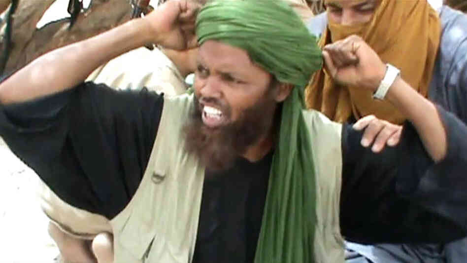 In this image from a video, an Islamist militant celebrates after the destruction of a Sufi shrine earlier this month in Timbuktu.