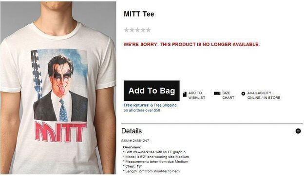 A Mitt Romney/KISS-themed T-shirt at the Urban Outfitters website. The shirt is no longer available.