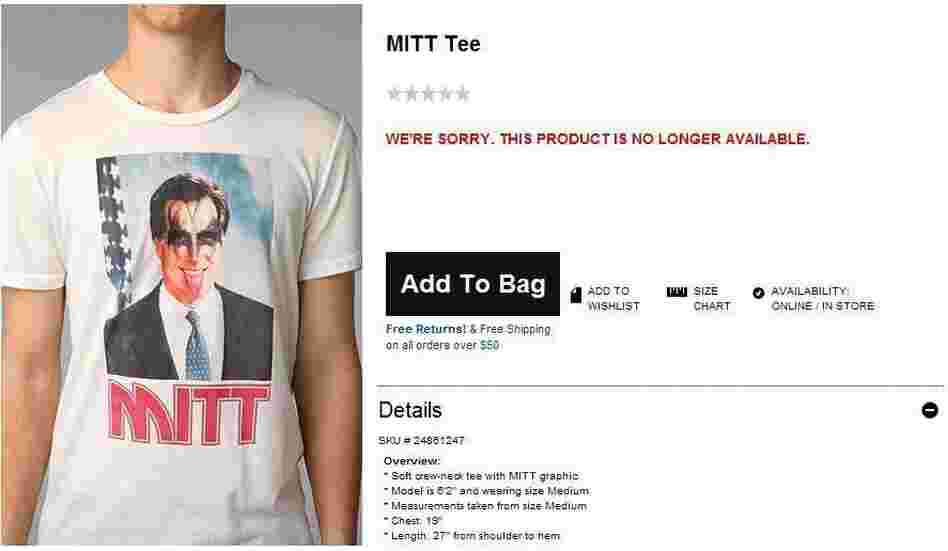 A Mitt Romney/KISS-themed T-shirt at the Urban Outfitters website. The shirt is no longer available.
