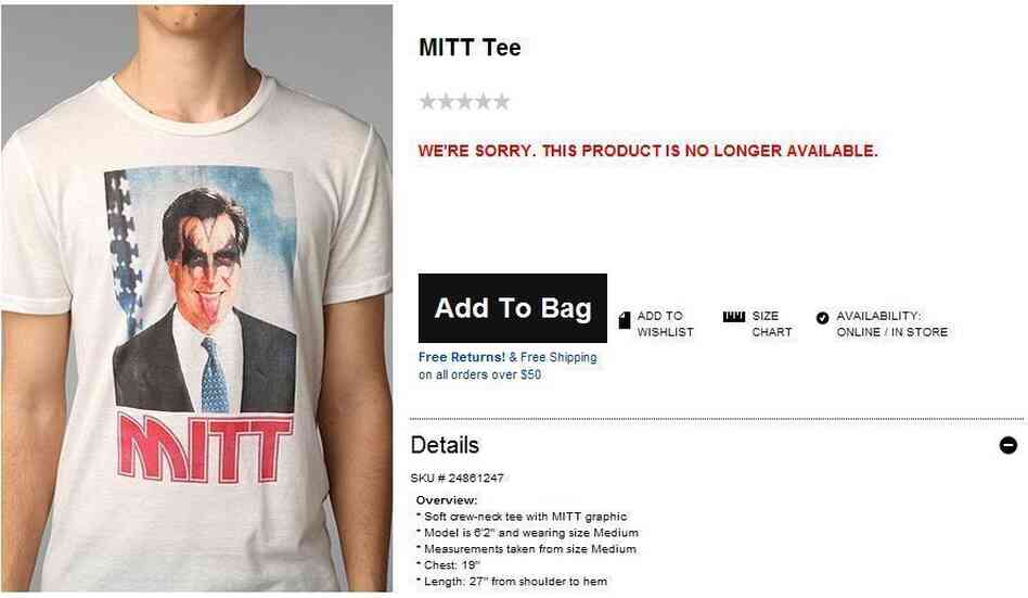 A Mitt Romney/KISS-themed T-shirt at the Urban Outfitters website. The shirt is no longer available.