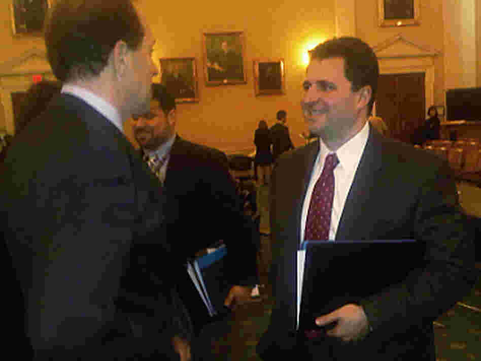 Joe Olivo (right) talks to Dave Camp (left), Chairman of House Ways and Means Committee, after testifying before the House in Jan. 2010. Joe Olivo (right) talks to Dave Camp (left), Chairman of House Ways and Means Committee, after testifying before the House in Jan. 2010.