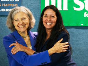 Green Party presidential candidate Dr. Jill Stein (left) embraces Cheri Honkala after introducing her as the Green Party nominee for vice president on July 11 in Washington, D.C.