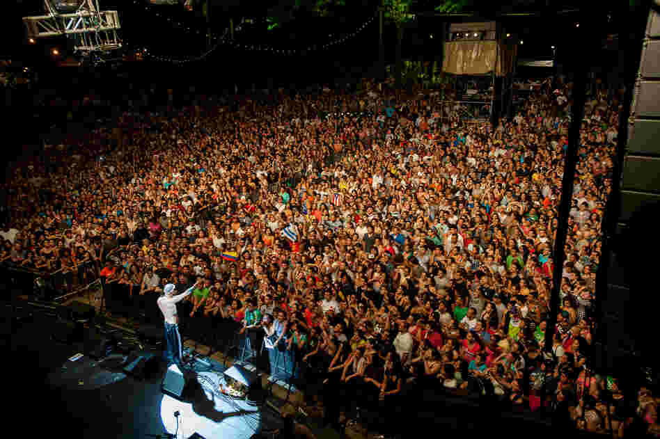 More than 7,000 fans packed the Prospect Park Bandshell to hear the Puerto Rican rap duo Calle 13. Organizers estimated that just as many people were turned away after the venue reached capacity.