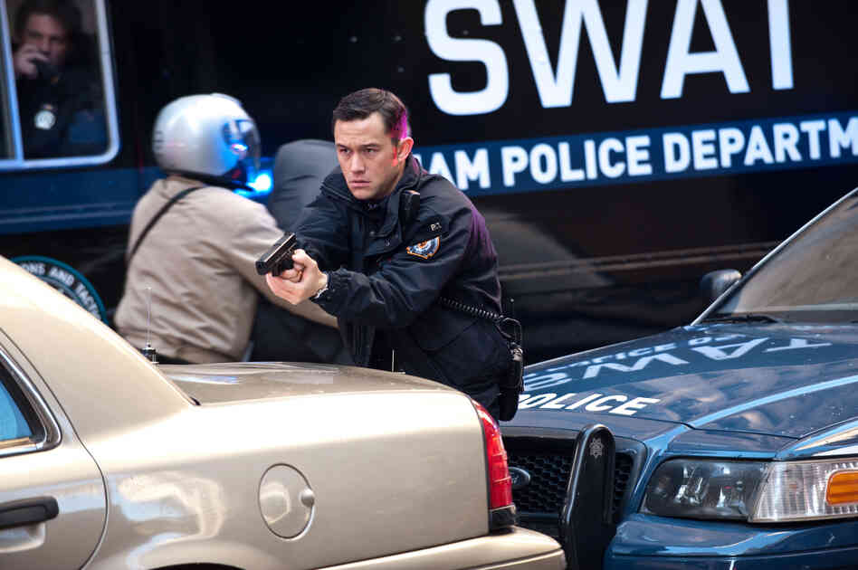 Joseph Gordon-Levitt as police officer John Blake in The Dark Knight Rises.