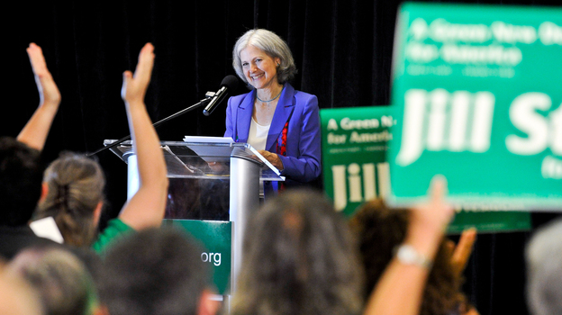 Green Party presidential candidate Jill Stein delivers her acceptance speech at the party's convention in Baltimore on Saturday.