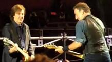 Paul McCartney, left, and Bruce Springsteen during Saturday's show in Hyde Park - before the plug was pulled. Frame grab from video posted by Paul McCartney, left, and Bruce Springsteen during Saturday's show in Hyde Park - before the plug was pulled. Frame grab from video posted by