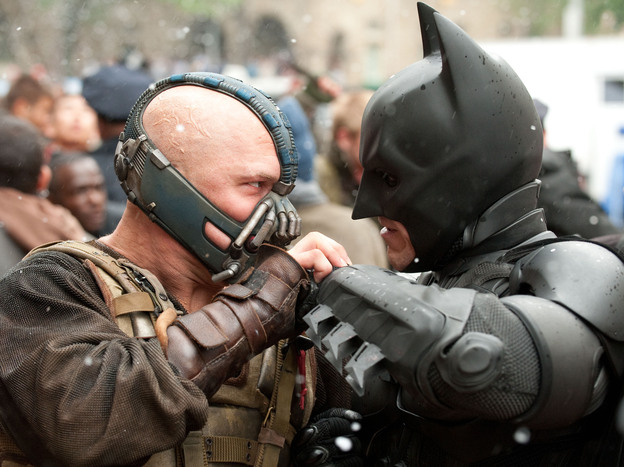 Batman's enemy in The Dark Knight Rises is the brutish Bane (Tom Hardy), who delivers a beating that sends Bruce Wayne back to the gym.