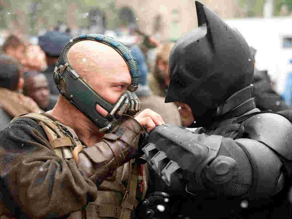 Batman's enemy in The Dark Knight Rises is the brutish Bane (Tom Hardy), who delivers a beating that sends Bruce Wayne back to the gym.
