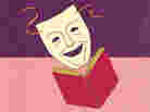 Illustration: A comedy mask reads a book.