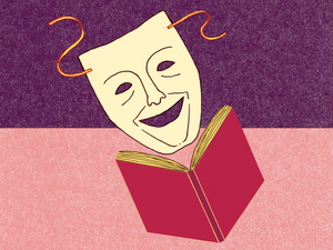 Illustration: A comedy mask reads a book.