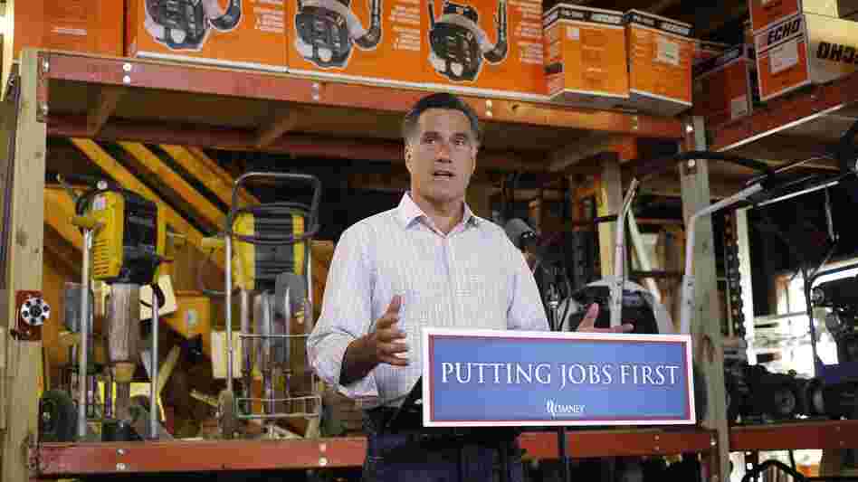 Republican presidential candidate Mitt Romney speaks about job numbers July 6 at Bradley's Hardware in Wolfeboro, N.H. Republican presidential candidate Mitt Romney speaks about job numbers July 6 at Bradley's Hardware in Wolfeboro, N.H.