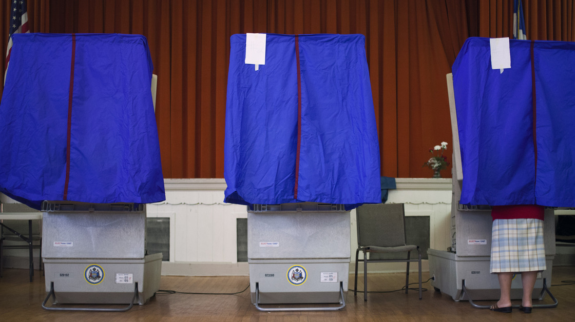 A voter casts a ballot during the Republican primary election April 24 in Philadelphia.