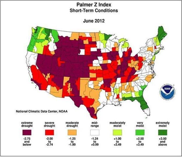 The redder the area, the worst the drought.